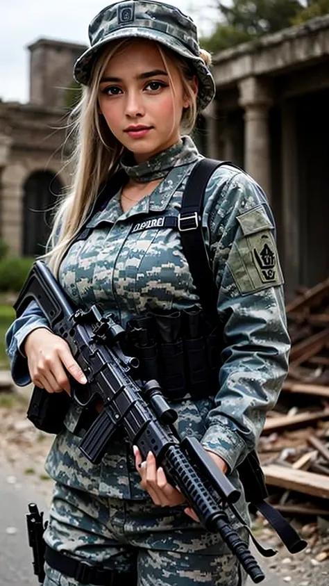 ((( blue eyes)))、from side、(((Desert Ruins)))、rock、Arab woman in camouflage holding rifle and radio, (((Hold an automatic rifle)))、mechanized Soldier Girl,  Future Battle Gear ,  Realistic Soldier , Cinematic — ar 16 :9, Keep PDW, Wore tactical armor, Heav...