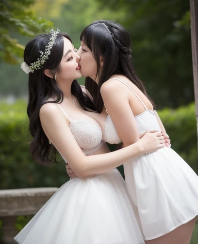  2 girls, Lovers、 hugging each other、 standing picture、 high resolution,  black hair,  long hair, Big Breasts,  smiles,  wedding dress、 mini skirt、20s、 Model Body Type、 sexy pose、 Masterpiece,  top quality,  very detailed, Intake,  blushes,  bra、 pants、 Ki...