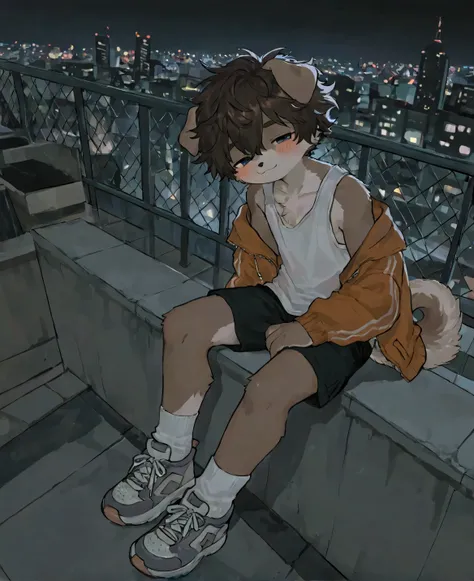 source_ furry， furry male，elementary school students，((boy  )),Dog boy  ,short hair,masterpiece, newest,absurdres, incredibly absurdres,short hair,  messy hair, blush, light smile, head tilt，White Socks， sneakers, upper body,  tank top, sitting on the ledg...