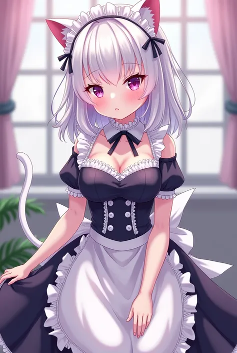 white-haired girl with purple spots with cat ears wearing a maid outfit with big breasts blushing