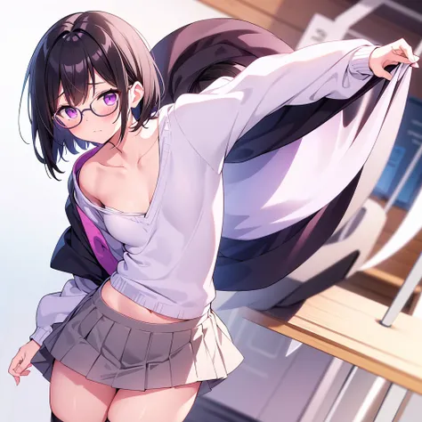  primary school　　Flat chest　 black hair　 short bob　Glasses　 purple eyes 　  Blushing My Cheeks 　 While blushing （（1 person））   upper body long sleeve light brown cardigan  　  black mini skirt for lower body  　 white panty skirt roll up （（  panties））  wear w...