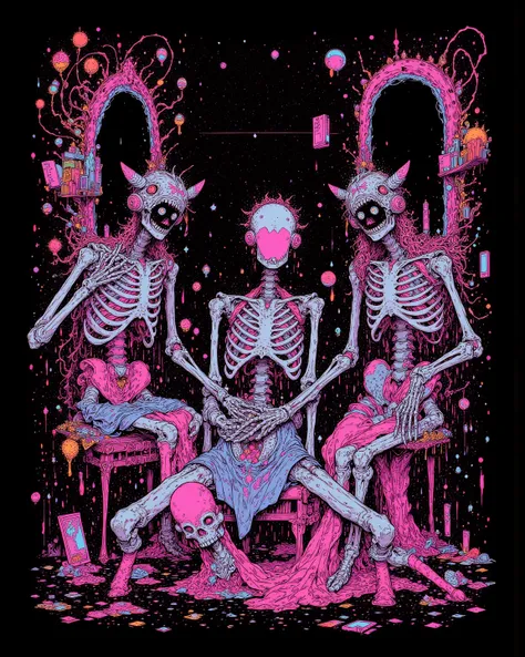    digital rendering , skeleton of 3 people in a room , background is pink and blue , art representing the process of evolution ,3 portals , Psychedelic Art, psychedelic skeleton , Psychedelic Illustrations , asymmetrical illustration , surreal psychedelic...