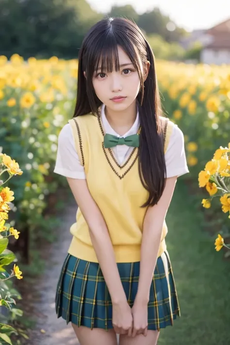  Japanese woman like an idol , Round face , bust up , , medium chest, Yui Kotegawa ,   black hair, ( brown eyes:1.5),  long hair, break green  skirt,  check pattern ,  check pattern   skirt, sainan high  school uniform ,  school uniform ,  skirt,  sweater ...