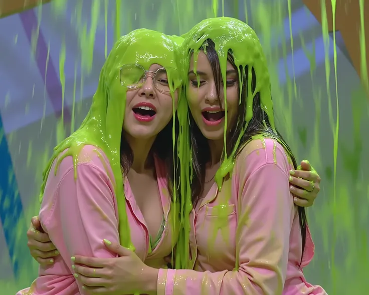 DSLR photograph. two women hugging covered in green water. (Photorealistic: 1.4). (Raw photo: 1.2). Gameshow background. Wearing pink pajamas. Raining slime. Green slime. Green water. Cleavage. 21 years old. screaming.