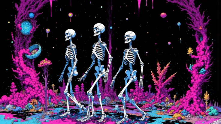    digital rendering , skeleton of 3 people in a room , background is pink and blue , art representing the process of evolution ,3 portals , Psychedelic Art, psychedelic skeleton , Psychedelic Illustrations , asymmetrical illustration , surreal psychedelic...