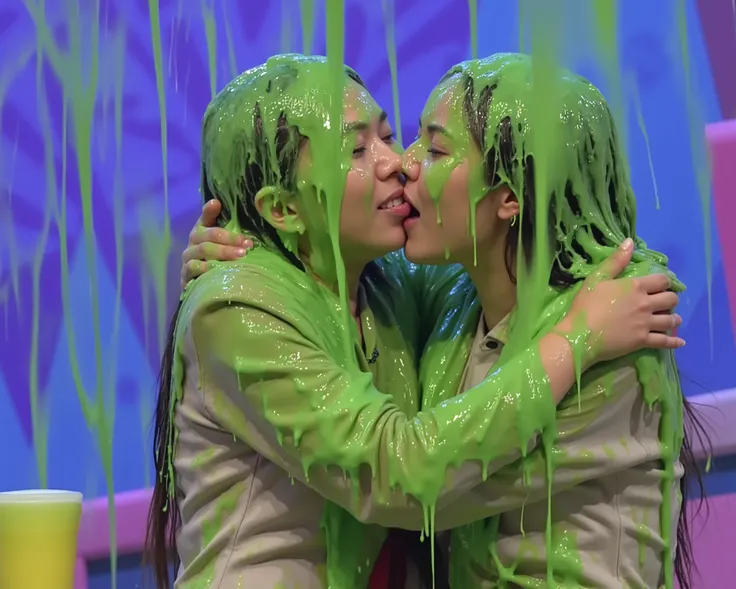 DSLR photograph. two college girls hugging covered in green water. (Photorealistic: 1.4). (Raw photo: 1.2). Gameshow background. Wearing school uniform. Raining slime. Green slime. Green water. Cleavage. 21 years old. screaming.