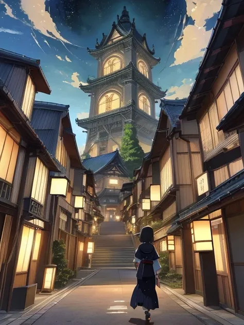  Masterpiece、 top quality、 high resolution、 cinematic lighting 、 Dynamic Angles 、Various angles 、 Japanese cartoon style、 japanese anime style 、 Western medieval fantasy style 。you、 I see a huge tower that has moved from another world。 the tower has a smoo...