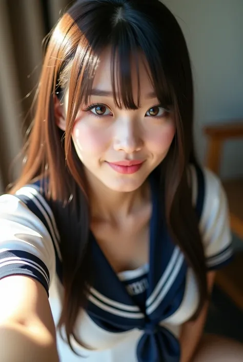 super realistic， Japanese high school girl，Girls smooth and long hair，Wearing High School Sailor School Uniform，，Collar open to reveal sexy lingerie，Half-length portrait，Best Quality Photos，16k ultra high definition high resolution， Masterpiece:1.2，extreme...