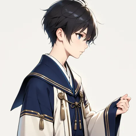 (masterpiece, best quality), 
1boy   ,Shinkai Nagi,face focus,black short hair,blue eyes sailor uniform, gold line,furisode-style sleeves, 
wide kimono sleeves, 
white and navy color scheme, 
fantasy clothing, 
highly detailed, 
minimal background,realisti...