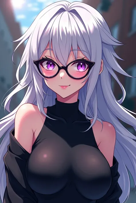 anime, women with white hair are a bit messy ,  purple eyes with a smile look and is beautiful, ((cat-eye glasses)), geeky but cute, wears black covered clothes, big bust stretches clothes, shoulders exposed, and on the hand part wears black rubber gloves,...