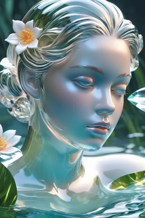 close up glasssculpture of a woman bathing in a river, translucent, transparent, reflections. cgsociety masterpiece, flowers everywhere, artstation trending, by rossdraws, ghibli, Kimi no Na wa, greg rutkowski 