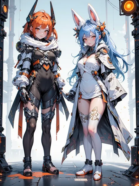 (2girls:1.4),robot girl\(very beautiful, (cyborg:1.2) robot Usada pekora, cyberpunk,sci-fi,cute,perfect appearance,virtual youtuber,solo,rabbit girl,animal ears,rabbit ears,orange eyes,long hair,twintails,twin braids,two-tone hair,multicolored hair,blue ha...