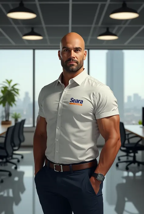 Create a 36-year-old , bald, pele morena, athletic build,  man wearing a shirt with a Seara company logo, in an office 