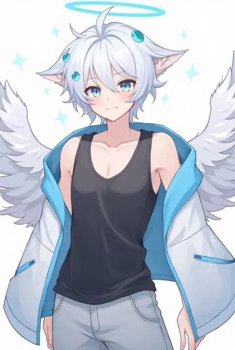 A male, has white hair, some cyan hair strands, soft blue eyes, has a halo, wing ears, wearing a black sleeveless shirt inside, outside wearing a white jacket with a cyan blue strand, wearing shorts that is shite as well, has white wings covering him, a bi...