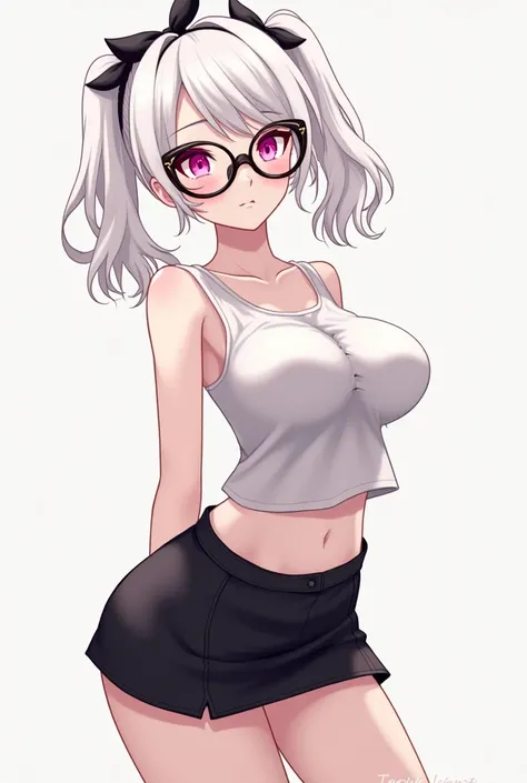 An anime-style character, White hair tied on both sides, big breasts, with small black ribbon on the head, pink eyes, (oversized cat-eye glasses), an outfit that falls on a black shoulder along with a small black skirt, big bust on slim girl