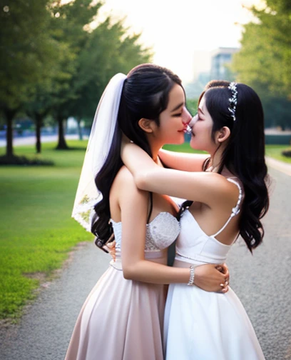  2 girls, Lovers、 hugging each other、 standing picture、 high resolution,  black hair,  long hair, Big Breasts,  smiles,  wedding dress、 mini skirt、20s、 Model Body Type、 sexy pose、 Masterpiece,  top quality,  very detailed, Intake,  blushes,  bra、 pants、 Ki...