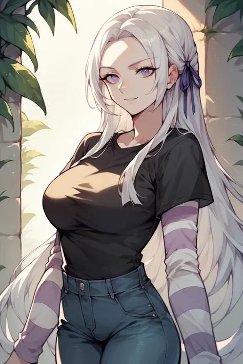 1 girl, solo, black short sleeve t-shirt, layered sleeves, white long sleeves, jeans, defEdel, white hair, purple eyes, hair ribbon, long hair, black t-shirt over white long sleeves, large breasts, confident smile