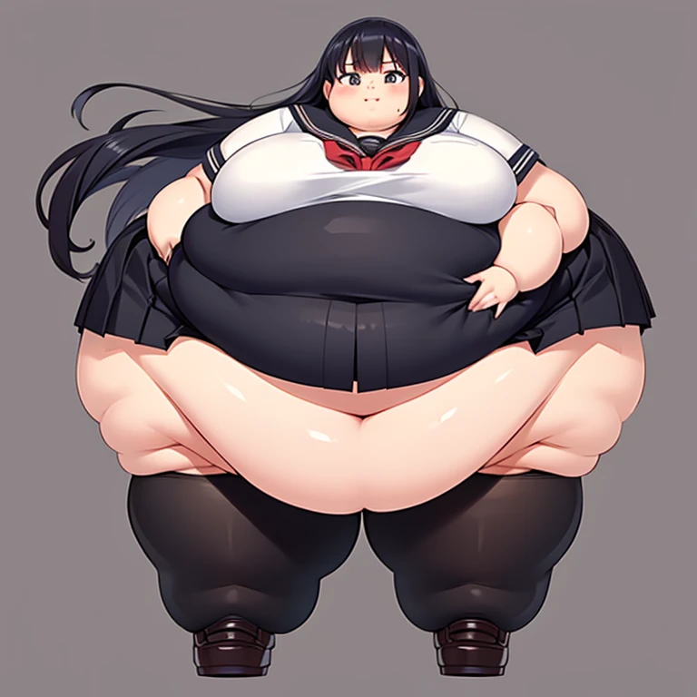 masterpiece,  BEST QUALITY, Advanced Details ,  girl,  cute,  high school students, Standing normally,  very obese ,  have a sticking out stomach, Big Feet, Wear a uniform, black sailor collar ,  black skirt,  long skirt,  full body,  long hair, anime, 