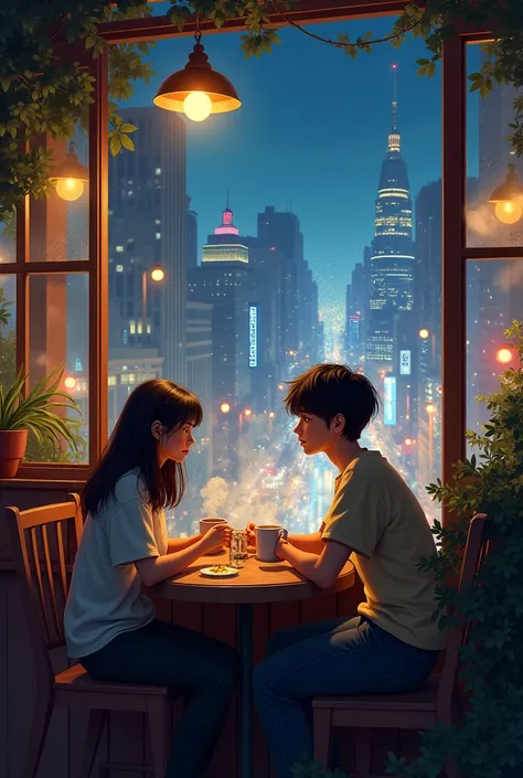 (a cafe in the middle of a busy city at night) (two people, boy girl)