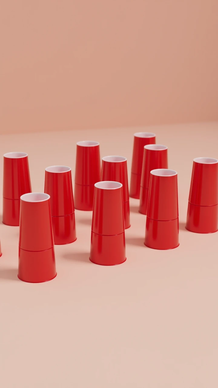 Ten pieces of inverted red cups stand on the table in two rows 