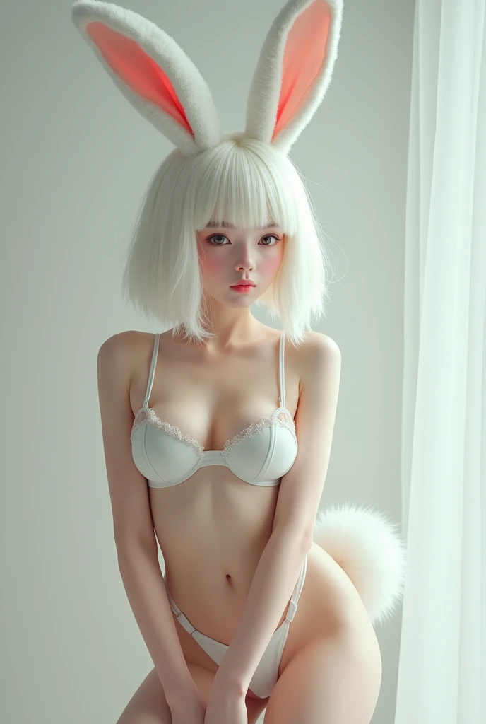 White Hair Girl,  rabbit ears ,  rabbit tail , 18 years old,  Totally beautiful just wearing panties and a bra , Innocent,  adorable by design 