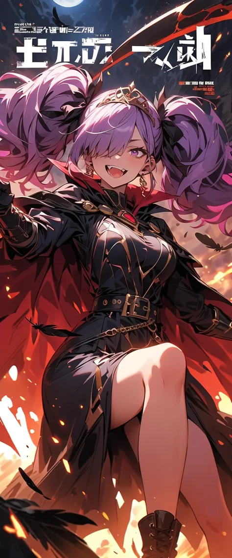 ( beautiful girl : 1.3), in the seat,(Wear a dark purple dress , stained glass dress, tiara ,Cape,belt, earrings, gloves, gauntlet , arm guard, boots,Big Scythe),Purple Hair, twin tails, Hair Over One Eye, Crazy Smile ,Reckless attitude,Evil face,Provocati...