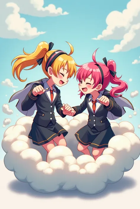 An anime-style illustration depicting many spy-girls playfully wrestling with each other inside a comical fight cloud.
each spy-girl has different colored hair.
their faces,hands,and feet are visible emerging from the cloud as they tussle humorously,  with...