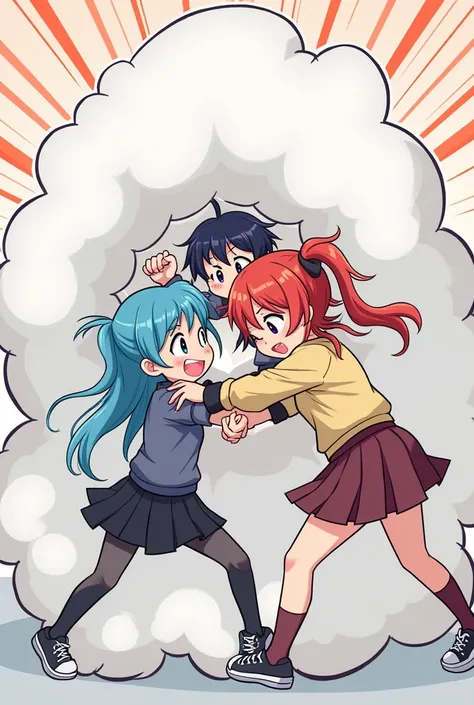 An anime-style illustration depicting many spy-girls playfully wrestling with each other inside a comical fight cloud.
each spy-girl has different colored hair.
their faces,hands,and feet are visible emerging from the cloud as they tussle humorously,  with...