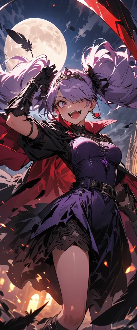 ( beautiful girl : 1.3), in the seat,(Wear a dark purple dress , stained glass dress, tiara ,Cape,belt, earrings, gloves, gauntlet , arm guard, boots,Big Scythe),Purple Hair, twin tails, Hair Over One Eye, Crazy Smile ,Reckless attitude,Evil face,Provocati...