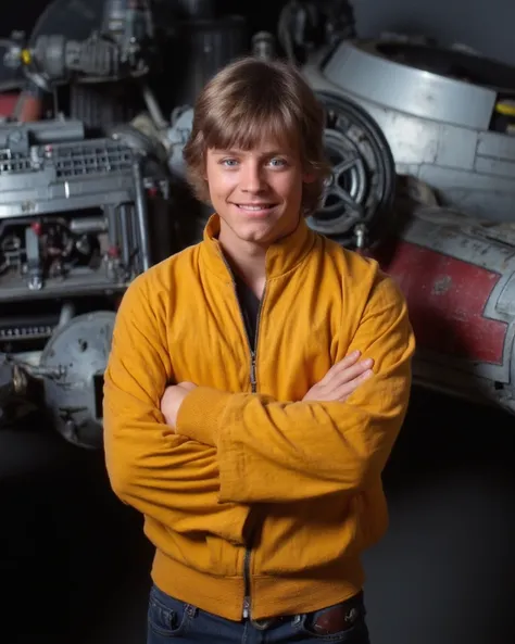 Luke Skywalker in a yellow jacket smiles and crosses his arms in front of X-wing