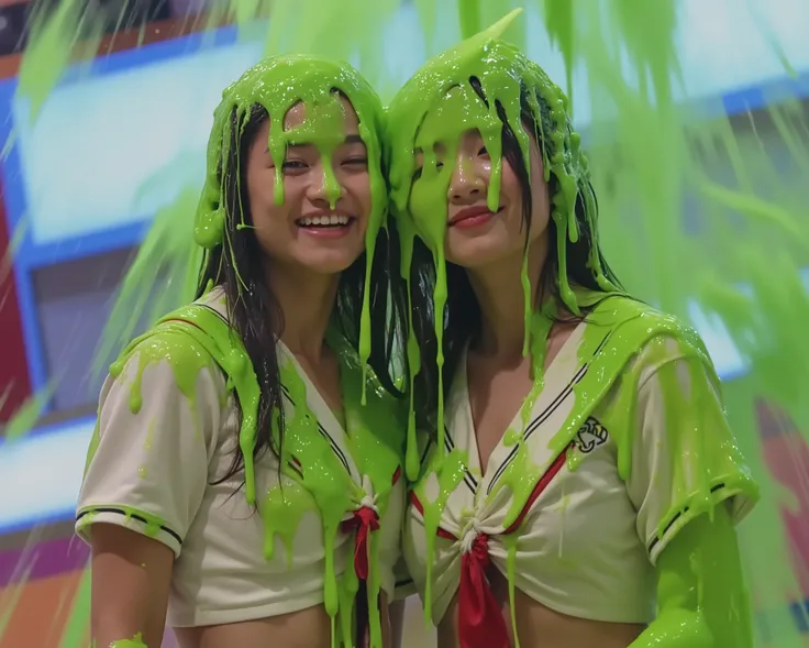 DSLR photograph. two japanese girls hugging covered in green water. (Photorealistic: 1.4). (Raw photo: 1.2). Gameshow background. Wearing Japanese schoolgirl uniform. Raining slime. Green slime. Green water. Cleavage. 21 years old. wearing school uniforms