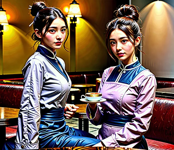 rich woman sitting in a cafe wearing a suit. maids standing around the table wearing maid outfits holding trays with tea cups and tea pots. her hair is in a bun. cafe background 