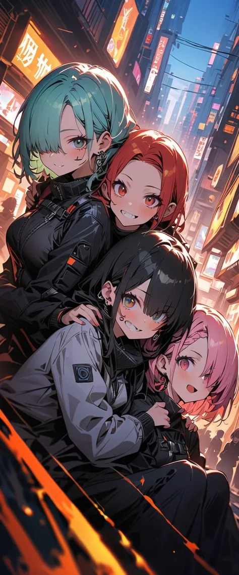 (Four beautiful girls : 1.3), girls ,(protective clothing,headband, earrings,Assault rifle), blonde, black hair, Hair, Silver Hair, red hair ,Blue Hair,Green Hair,Pink hair,Purple Hair, ponytail, bob cut, twin tails, long hair, shorthair, bun hair, wave ha...