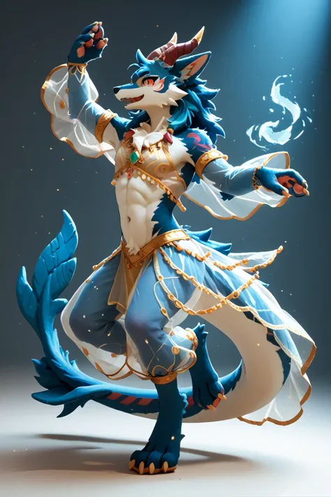 cute kemono wolf, slim muscle, big wolf eara, big horn, fantasy see-through holy dancer clothes, with fantasy magic hand, solo, planedragon, dancing