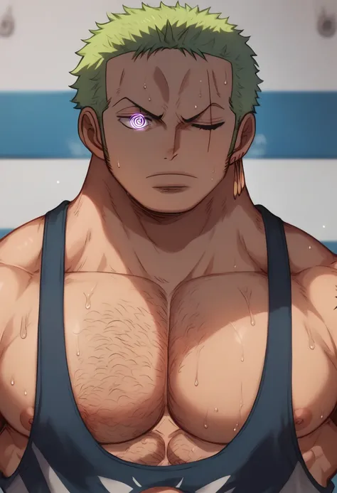 Roronoa Zoro, wrestling singlet, shirtless, muscular, muscles, broad shoulders, massive pecs, sweaty, hairy chest, glowing spiral in the eyes, blank expression, vacant stare, hypnotized, brainwashed, focused, High Resolution