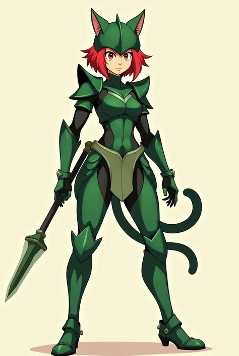 A cat woman warrior, with a simple green design armor, a green helmet and short red hairs. Draw style of an anime with flat colors