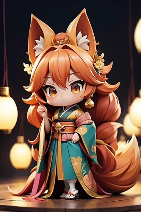 "4K anime style quality, digital drawing mode, a seductive and cunning fox spirit with long flowing pink hair, golden fox ears, and a tail, wearing a blue shrine maiden outfit with golden ornaments, standing in a traditional Japanese temple surrounded by p...