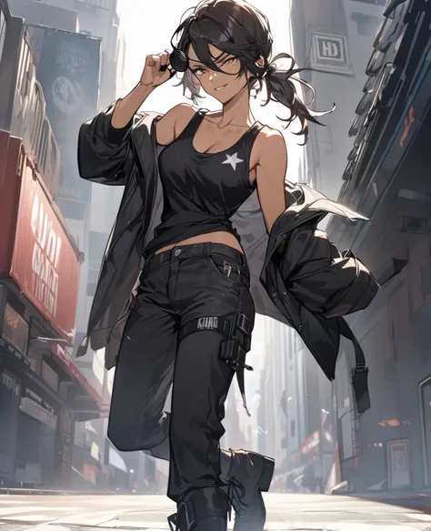 Girl, dark messy hair tied to a messy ponytail, light skin, tall, medium sized chest, black tank top, loose black jacket off shoulders, dark trousers, black marching boots, HD, American, smirking, pulling aviator sunglasses down