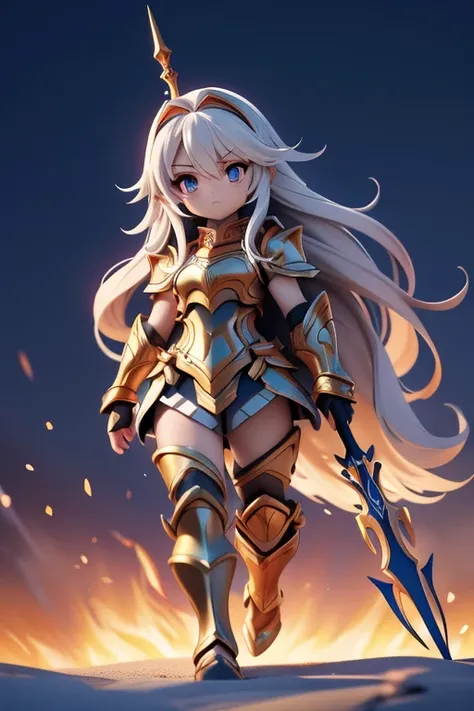 "4K anime style quality, digital drawing mode, a divine warrior with long silver hair, radiant crimson eyes, wearing white and gold armor with red energy lines running through it, standing on a scorched battlefield with flames rising around her, full body,...