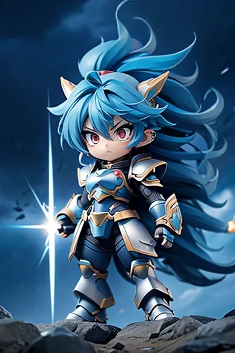 "4K anime style quality, digital drawing mode, a fearless warrior with long wild blue hair, piercing red eyes, wearing a form-fitting blue battle suit with silver accents, standing in an ancient battlefield under a stormy sky, full body, aggressive and ene...