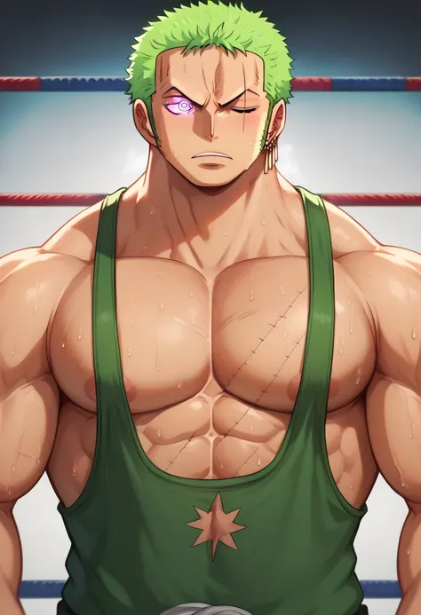 Roronoa Zoro, wrestling singlet, shirtless, muscular, muscles, broad shoulders, massive pecs, sweaty, hairy chest, glowing spiral in the eyes, blank expression, vacant stare, hypnotized, brainwashed, focused, High Resolution