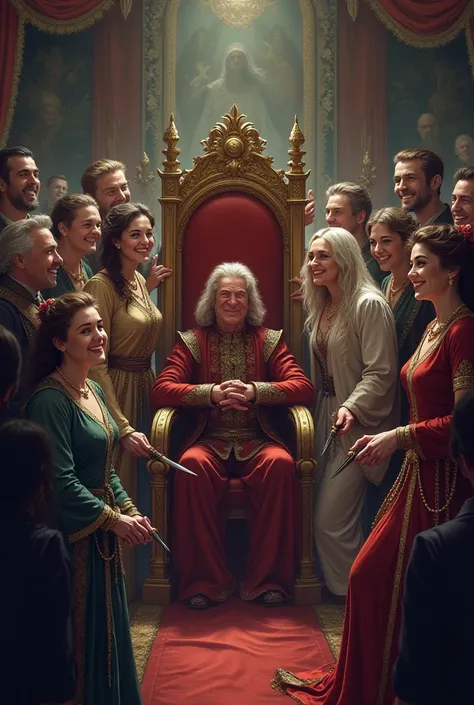 A throne surrounded by smiling people ,  but with knives hidden in their hands.