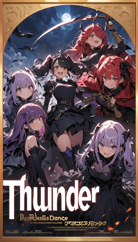 (Four beautiful girls : 1.3), girls ,(Wear a dark purple dress , stained glass dress, tiara ,Cape,belt, earrings, gloves, gauntlet , arm guard, boots,Big Scythe),Purple Hair, twin tails, Hair Over One Eye, Crazy Smile ,Reckless attitude,Evil face,Provocati...