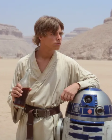 Luke Skywalker in white is hanging his hand on R2D2 and drinking a bottle of Cola