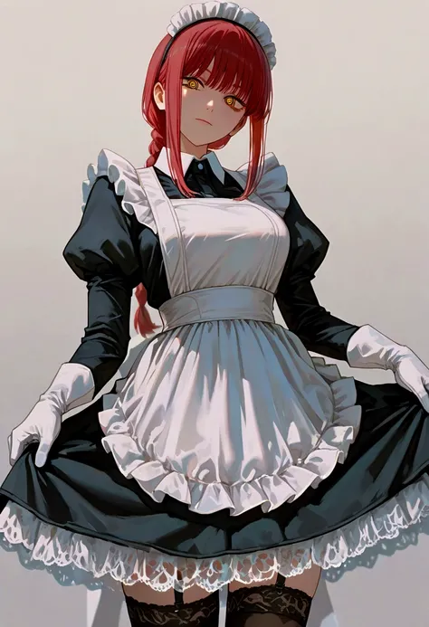 masterpiece,best quality,good quality,very aesthetic,absurdres,newest,8K,depth of field,
makima (chainsaw man),1girl,solo,ringed eyes,yellow eyes,braid,braided ponytail,simple background,bangs,looking at viewer,long hair,head tilt,maid outfit,frilly dress,...