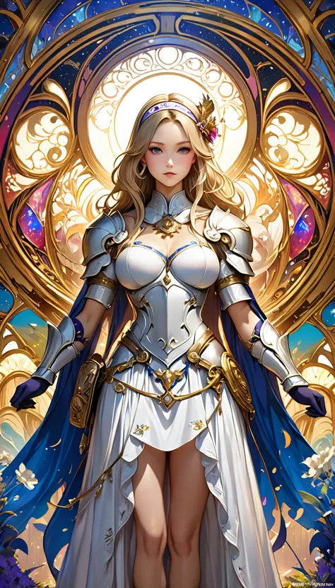  8k resolution,  Masterpiece,  top quality,  Award-winning work ,  unrealistic,  the only sexy woman, healthy shaped body, Age 25,  White Wavy Long Hair,  hair band,  large, firm bust swings, Ancient Roman military commander's armor , Pure white armor with...