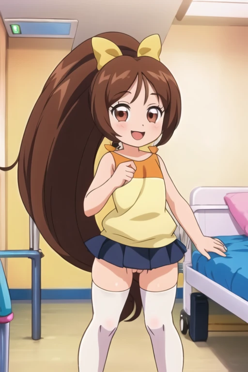 SNDMIO ,  brown eyes,  long hair,  brown hair,  ponytail, hair bow,  short skirt,  thigh high socks, Zettai Ryoichi ,  of pussy is embarrassing,  watches viewers,  on hospital room, official style,Best quality,((thick thighs)),happy Smile,Open stance,