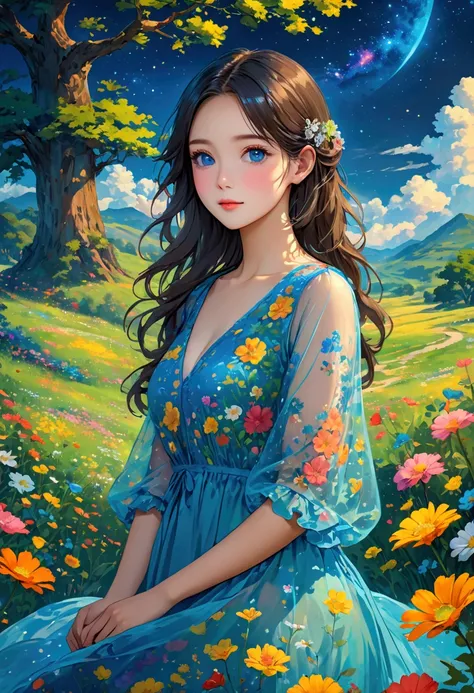  beautiful girl、Cute Face、Precision drawing、6 head body style、Height: 160cm、Blue see-through dress、Grassland with wild flowers blooming 、 colorful flowers are blooming、 night sky with beautiful stars visible 、beautiful illustrated art including a large gre...