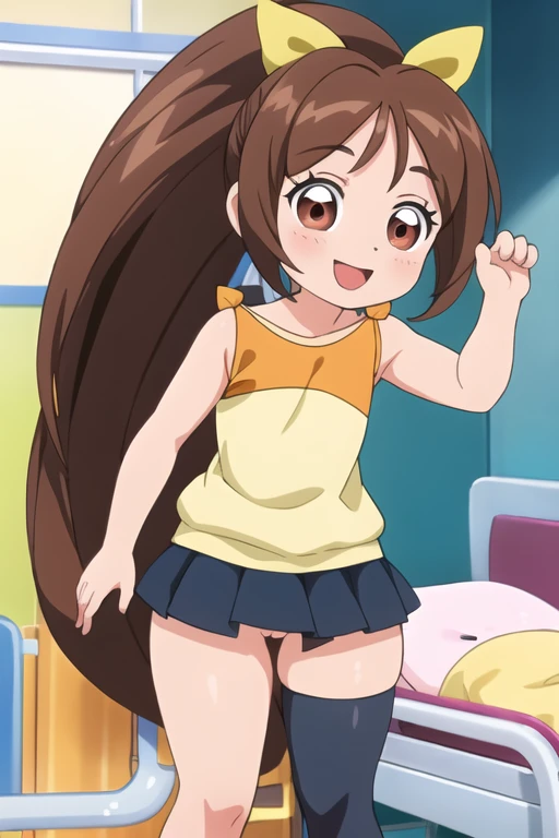 SNDMIO ,  brown eyes,  long hair,  brown hair,  ponytail, hair bow,  short skirt,  thigh high socks, Zettai Ryoichi ,  of pussy is embarrassing,  watches viewers,  on hospital room, official style,Best quality,((thick thighs)),happy Smile,Open stance,