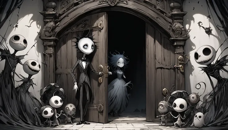 god、  Tim Burton's World、   top quality  ,  Masterpiece,    high detail,    looks like a scene from a movie、The person who opens the door、